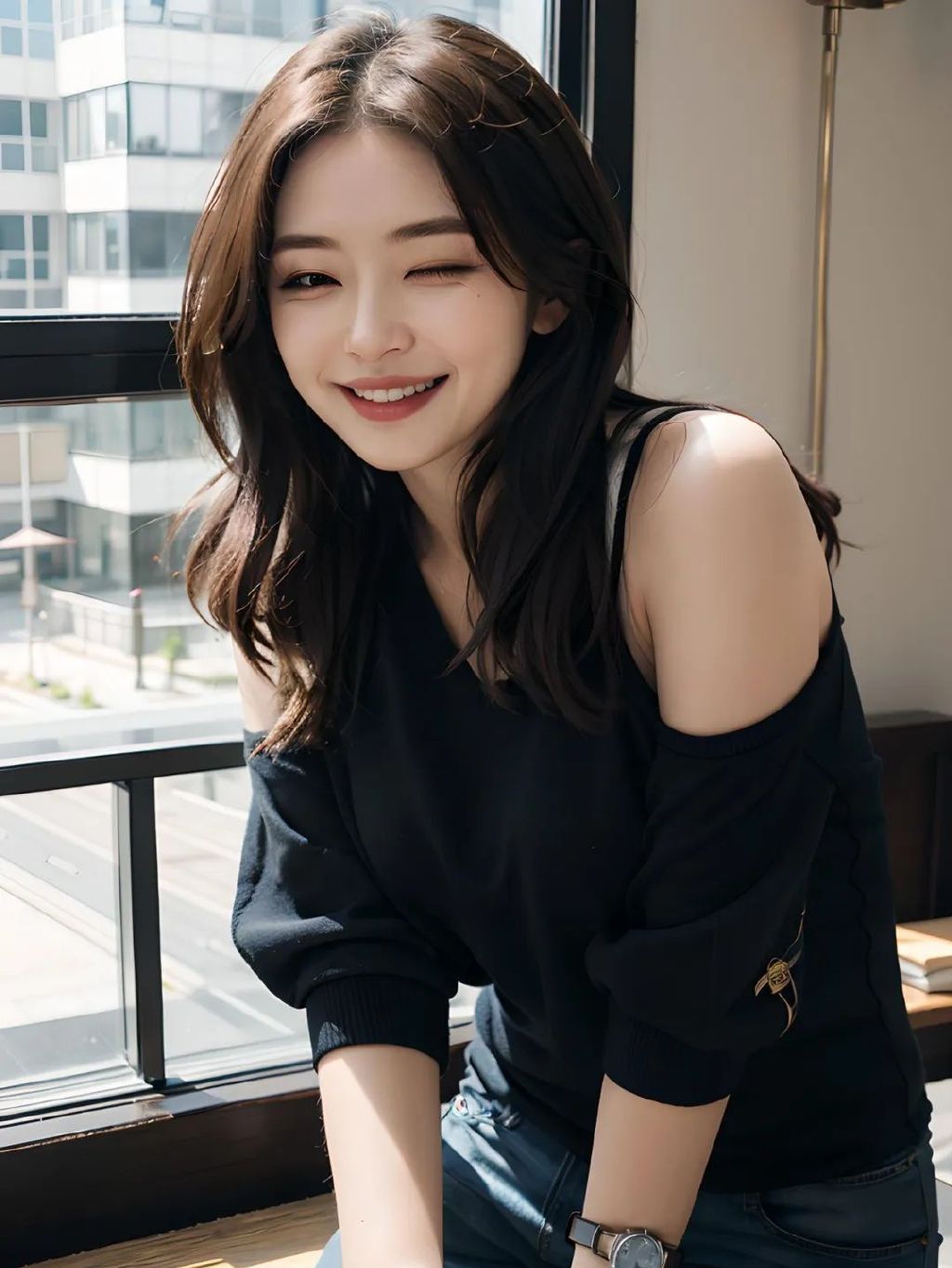 表情：Wink；提示词：美女，（一只眼睛闭成一条线，一只眼睛睁得大大的），搞怪的表情，开心，微笑  