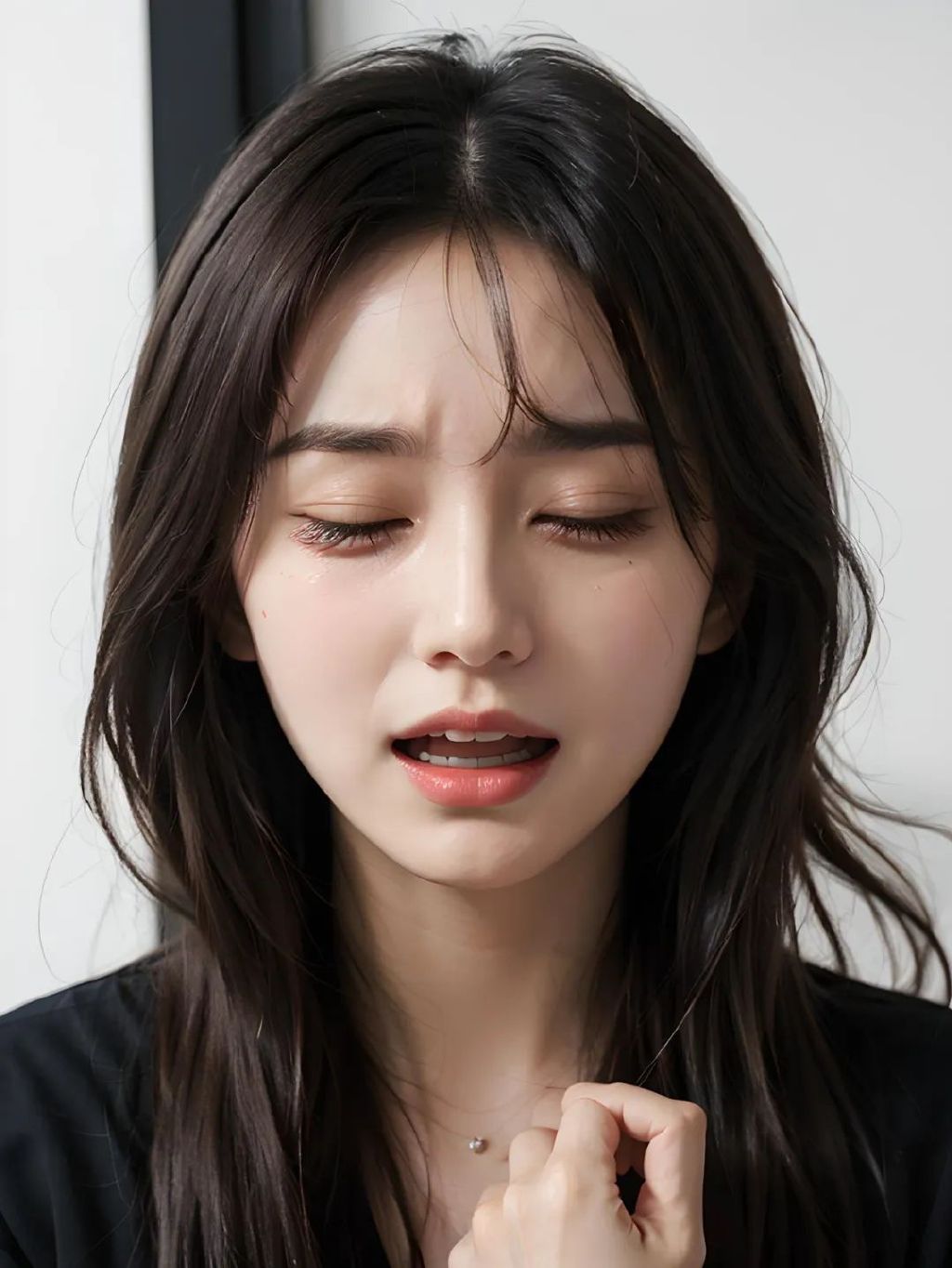 表情：痛苦/大叫；提示词：美女，（（打哈欠）），闭着双眼，皱着眉头，眼角流泪，嘴巴张大