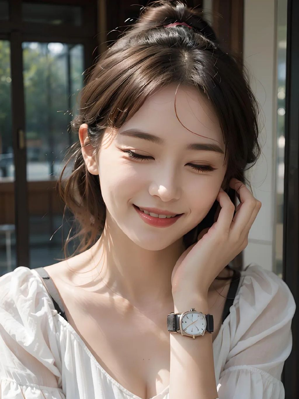 表情：害羞地笑；提示词：美女，眼睛闭成一条线，开心，微笑模型：无界AI-通用-亚洲真人（下同）