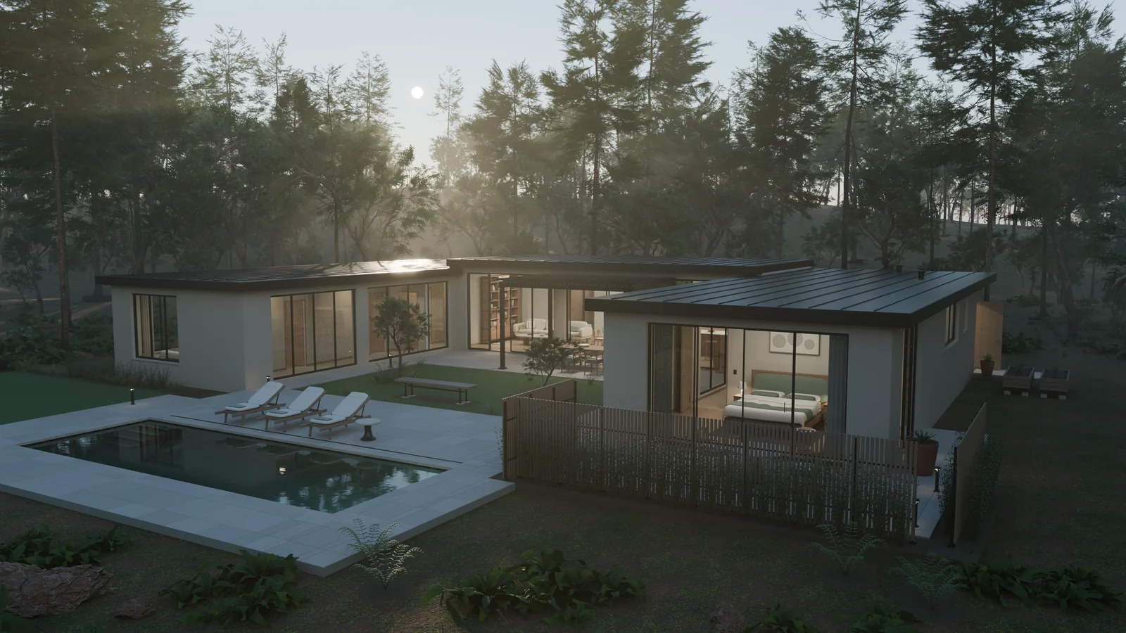 扩建后的 U 形 Garden House 外景：两翼面向森林中的种植庭院与泳池，完成建筑和电影化收尾之后。
