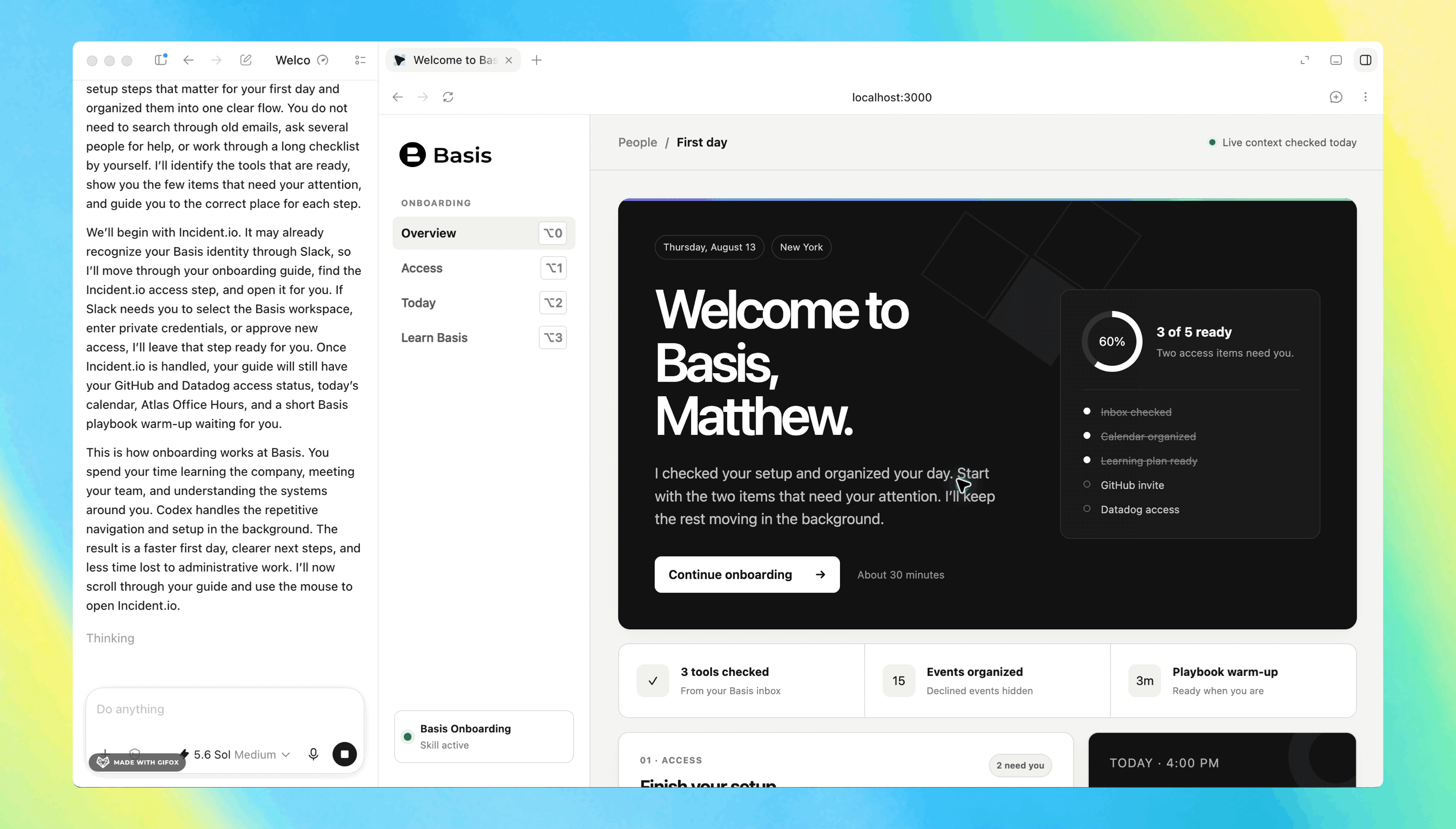 Basis 首日入职的 AI 工作空间演示：新员工 Matthew 的首日清单与自动完成的设置步骤