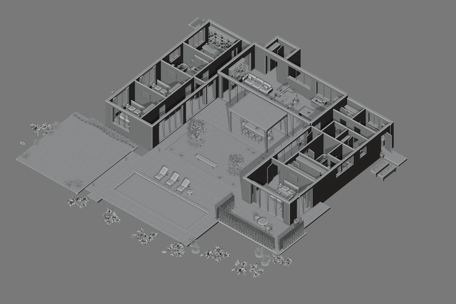 实际 Blender 模型的实体视图：隐藏屋顶、周边森林和窗玻璃之后，U 形布局与带家具的房间直接可见。