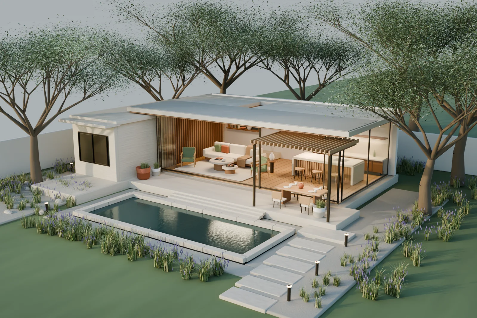第一轮设计提示词直接产出的原始 Courtyard House：低矮白色屋顶、开放式带家具的亭子、木质格栅、花园和矩形泳池。